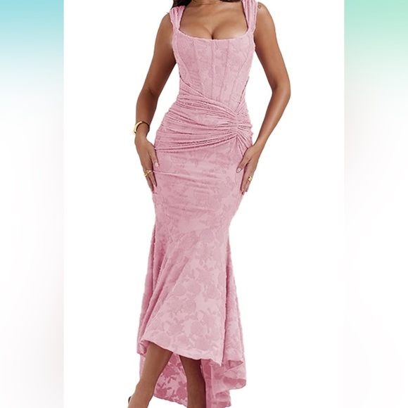 NWT Lace Maxi Fishtail Ruched Dress - Picture 2 of 6